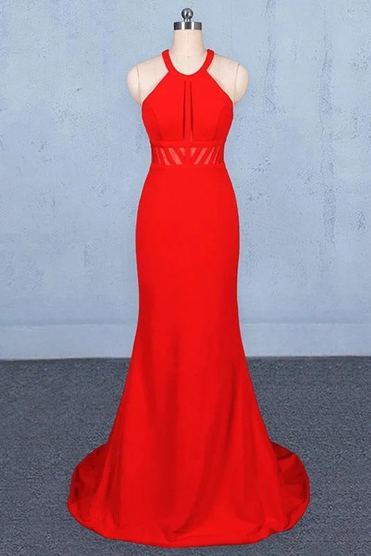 evening dress with sequins-Stylish Halter Prom Dress Red Mermaid Open Back Long Evening Dresses