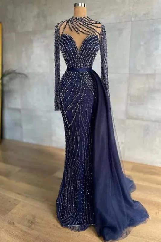 halter neck evening dress-Stylish Navy Mermaid Evening Dress with Detachable Tail Crystals Beads Prom Dress High Neck