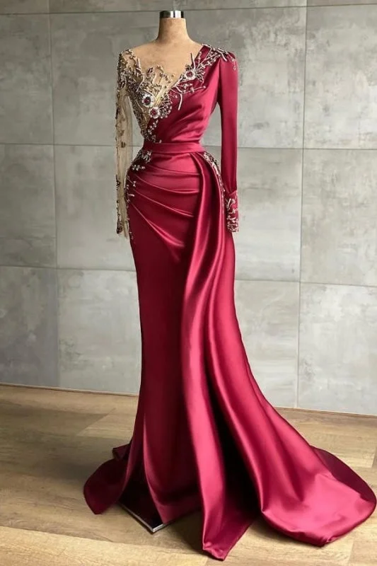 high neck evening dress-Stylish Satin evening dress with Side Sweep Train | Prom dresses with long sleeves