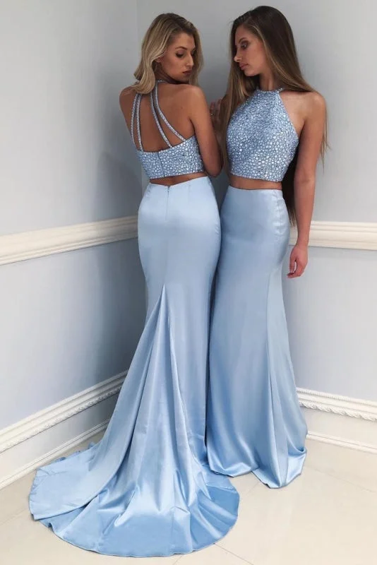 evening dress with side slit-Stylish Sky Blue Two-Piece Beaded Long Prom Mermaid Evening Dress