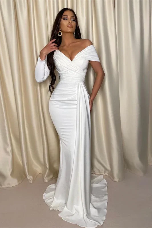 elegant evening attire-Stylish White Evening Dress Prom Dress Featuring One Shoulder or Off-the-Shoulder Design with Pleated Detail