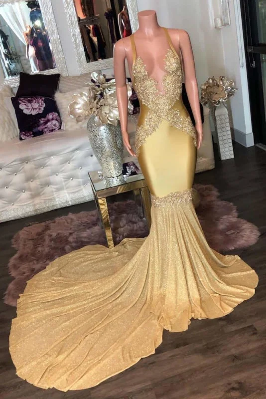 embroidered evening dress-Super Shiny Halter Sleeveless Mermaid Long Prom Gown with Sweep Train