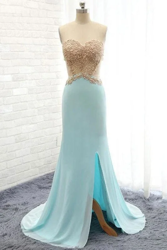 satin evening gown-Sweetheabackless Light Blue Lace Prom Dress With Pearls