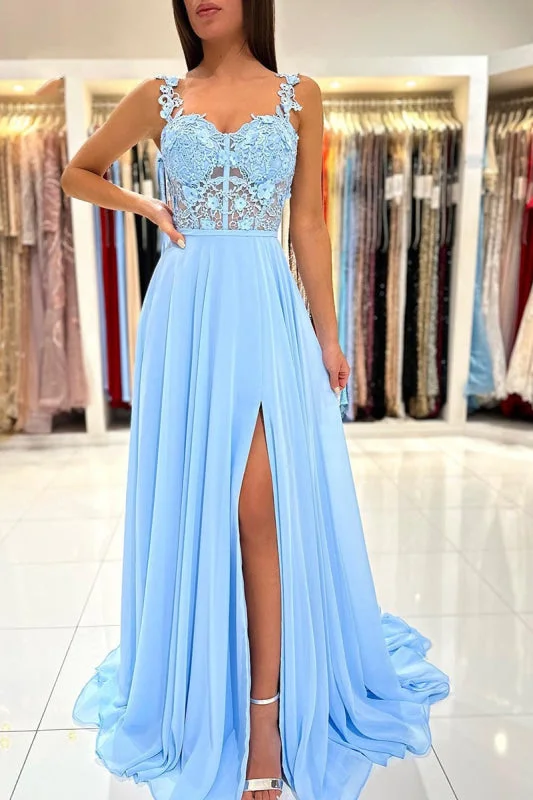 evening dress with train-Sweetheart A-Line Lace Long Prom Dress with Slit in Baby Blue