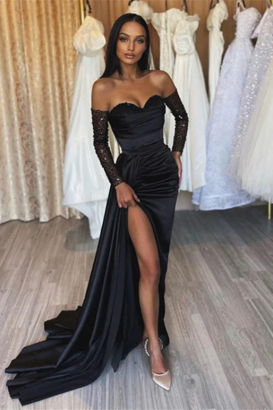 glittering evening gown-Sweetheart Black Prom Dress with Short Sleeves Slit and Pleats