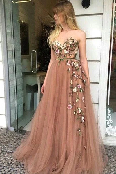 glitter evening dress-Sweetheart Long Prom Dresses with Floral Flowers