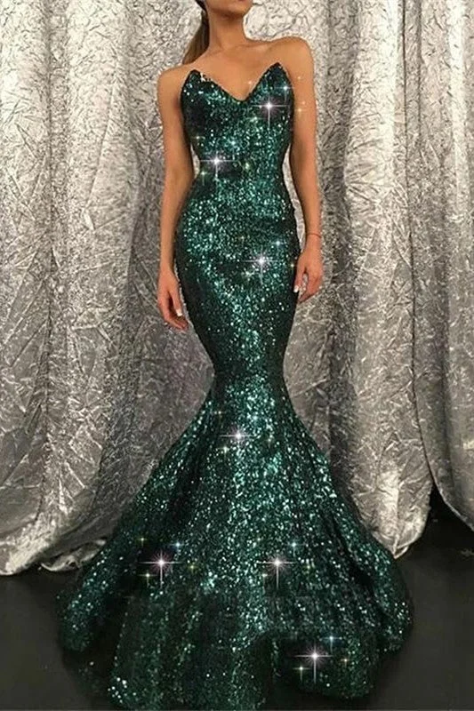 formal evening dress-Sweetheart Mermaid Sequins Prom Dress in Dark Green