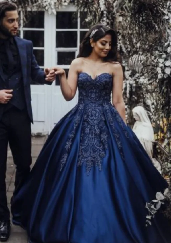 evening dress with slit-Sweetheart Navy Blue Prom Dresses Pageant Gown