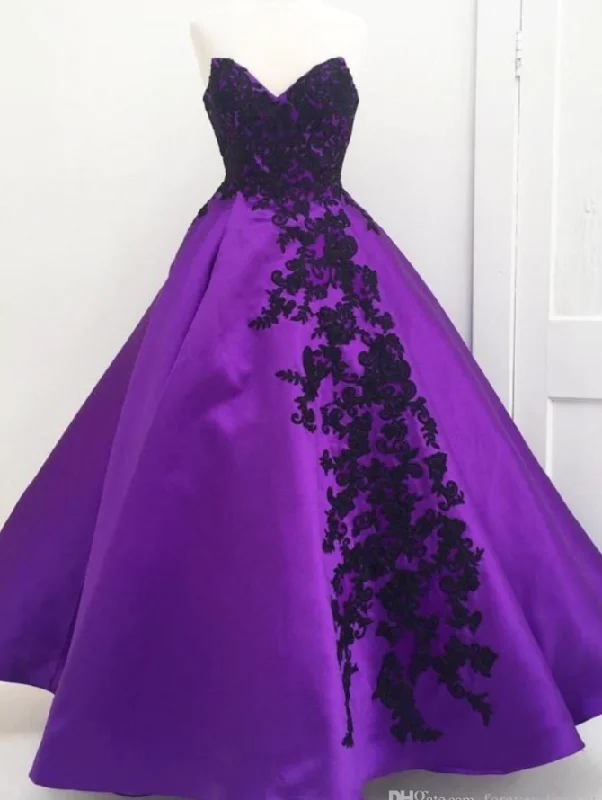 empire waist evening dress-Sweetheart Purple Prom Dresses with Appliques Lace