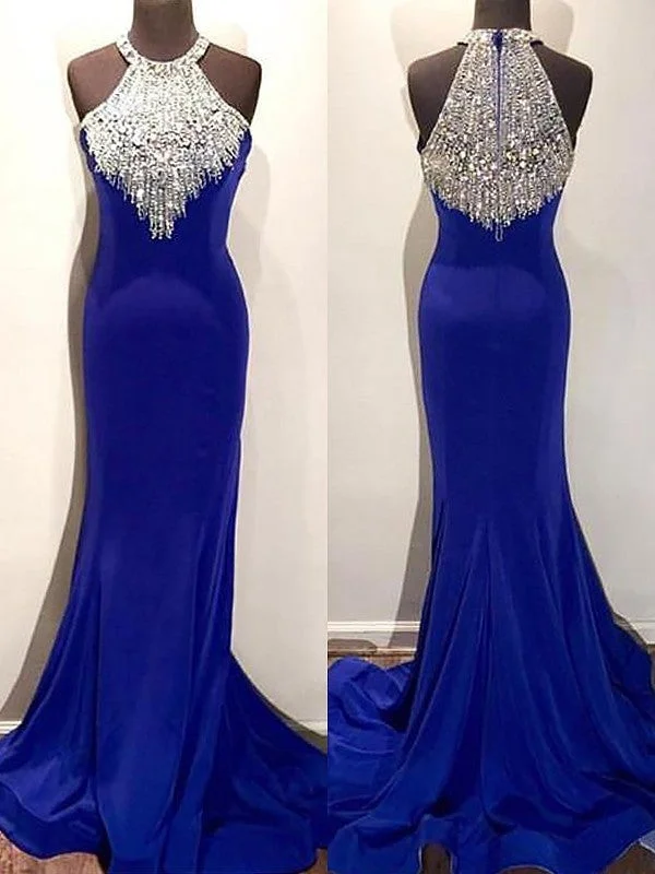 evening dress with embroidery-Trumpet/Mermaid Halter Sleeveless Sweep/Brush Train Beading Spandex Dresses