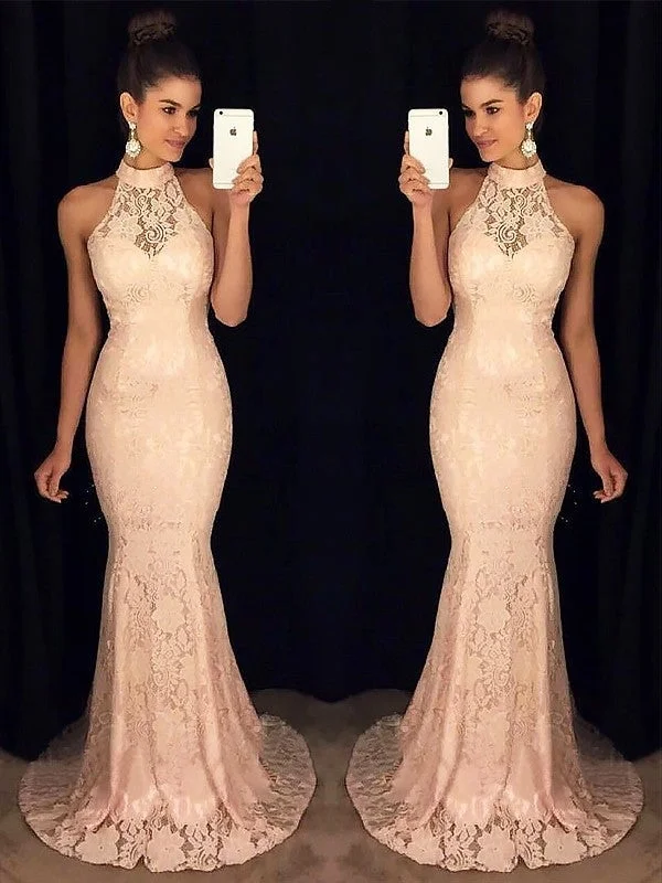 evening dress for parties-Trumpet/Mermaid High Neck Sleeveless Sweep/Brush Train Ruffles Lace Dresses