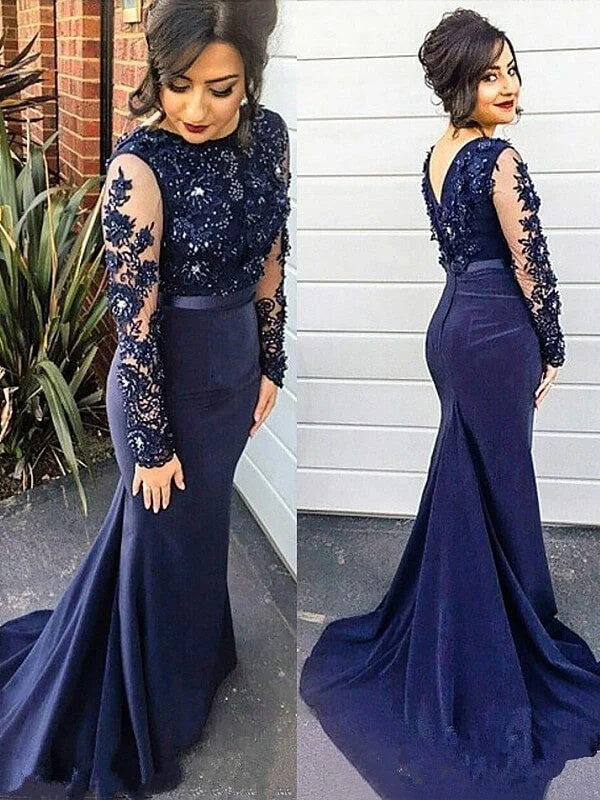 evening dress for weddings-Trumpet/Mermaid Lace Silk like Satin Scoop Sweep/Brush Train Long Sleeves Plus Size Dresses