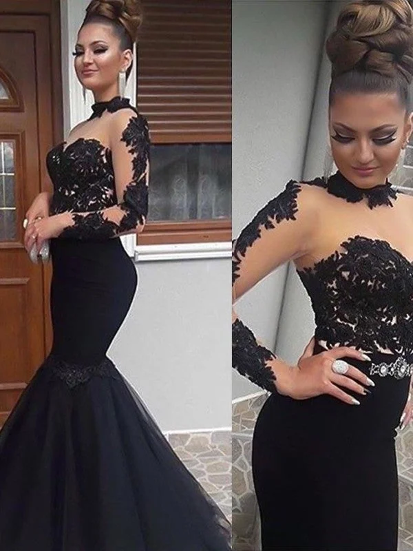 evening gown for women-Trumpet/Mermaid Long Sleeves High Neck Floor-Length Applique Tulle Dresses