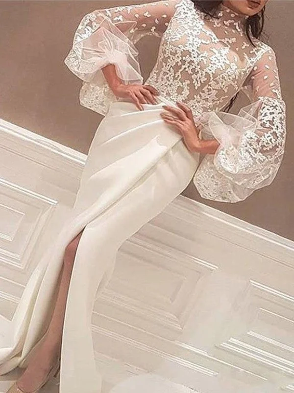 evening dress with slit-Trumpet/Mermaid Long Sleeves High Neck Sweep/Brush Train Lace Stretch Crepe Dresses