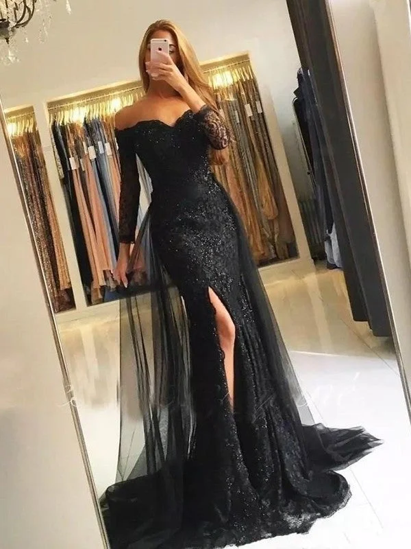 modern evening dress-Trumpet/Mermaid Long Sleeves Off-the-Shoulder Sweep/Brush Train Tulle Lace Dresses