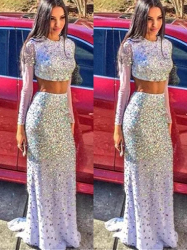 cap sleeve evening dress-Trumpet/Mermaid Long Sleeves Scoop Sequin Sweep/Brush Train Chiffon Two Piece Dresses