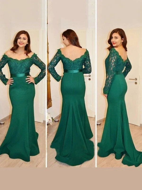 evening dress with cape-Trumpet/Mermaid Off-the-Shoulder Long Sleeves Applique Sweep/Brush Train Satin Dresses