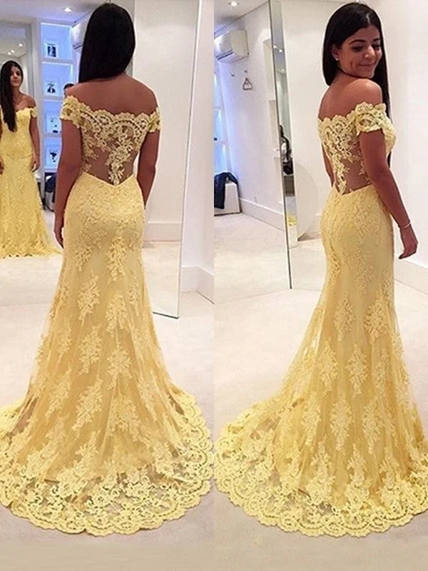 deep V-neck evening dress-Trumpet/Mermaid Off-the-Shoulder Sleeveless Lace Sweep/Brush Train Dresses