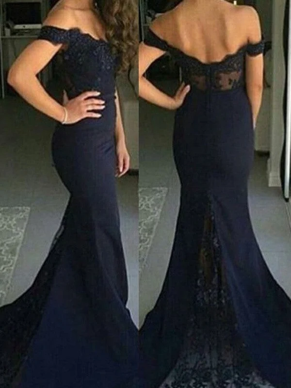 high-low evening dress-Trumpet/Mermaid Off-the-Shoulder Sleeveless Lace Sweep/Brush Train Satin Dresses