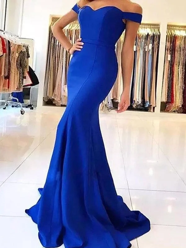 evening dress with bow-Trumpet/Mermaid Off-the-Shoulder Sleeveless Sweep/Brush Train Ruffles Satin Dresses