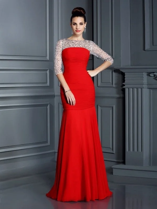 sheath evening dress-Trumpet/Mermaid Scoop Beading 3/4 Sleeves Long Chiffon Dresses