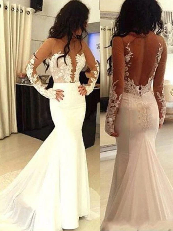 off-the-shoulder evening dress-Trumpet/Mermaid Scoop Chiffon Long Sleeves Applique Sweep/Brush Train Dresses