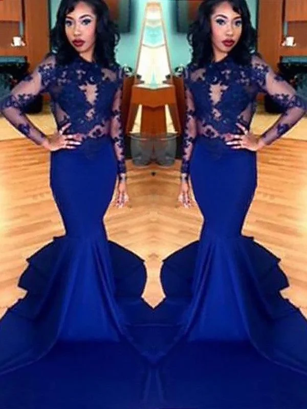 evening dress with bow-Trumpet/Mermaid Scoop Lace Elastic Woven Satin Long Sleeves Sweep/Brush Train Dresses