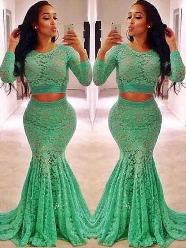 floor-length evening dress-Trumpet/Mermaid Scoop Long Sleeves Lace Ruffles Sweep/Brush Train Two Piece Dresses