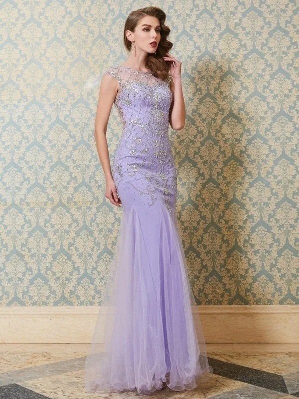 evening dress with scalloped hem-Trumpet/Mermaid Scoop Sleeveless Beading Floor-length Tulle Dresses