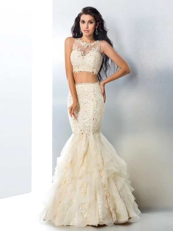 evening dress for prom-Trumpet/Mermaid Sheer Neck Beading Sleeveless Long Tulle Two Piece Dresses