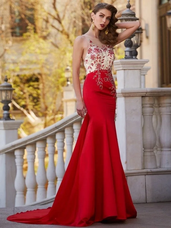 evening dress with open back-Trumpet/Mermaid Sheer Neck Sleeveless Court Train Applique Stain Dresses