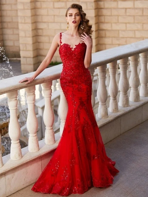 formal red evening dress-Trumpet/Mermaid Sheer Neck Sleeveless Sweep/Brush Train Applique Tulle Dresses