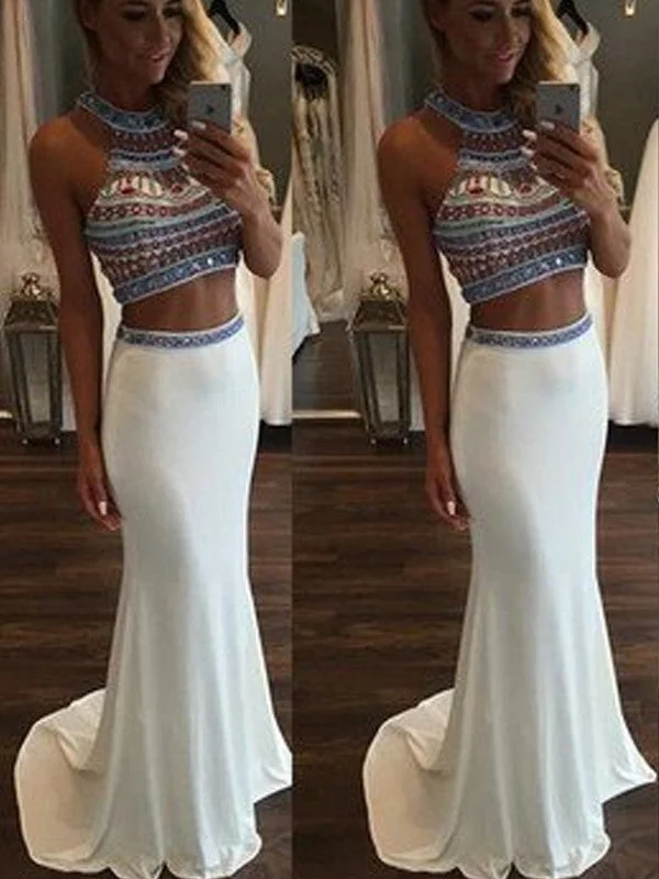 glitter evening dress-Trumpet/Mermaid Sleeveless Halter Beading Sweep/Brush Train Spandex Two Piece Dresses