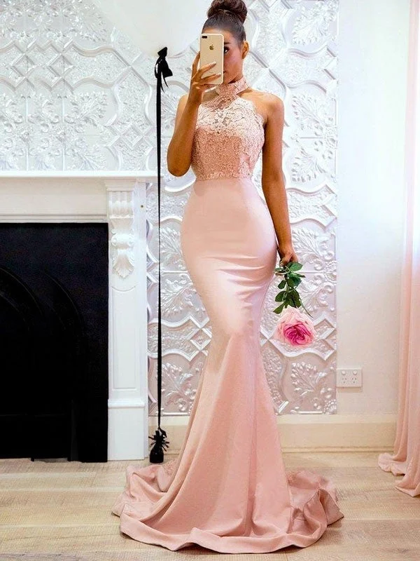 glamorous evening dress-Trumpet/Mermaid Sleeveless Halter Sweep/Brush Train Lace Charmeuse Dresses