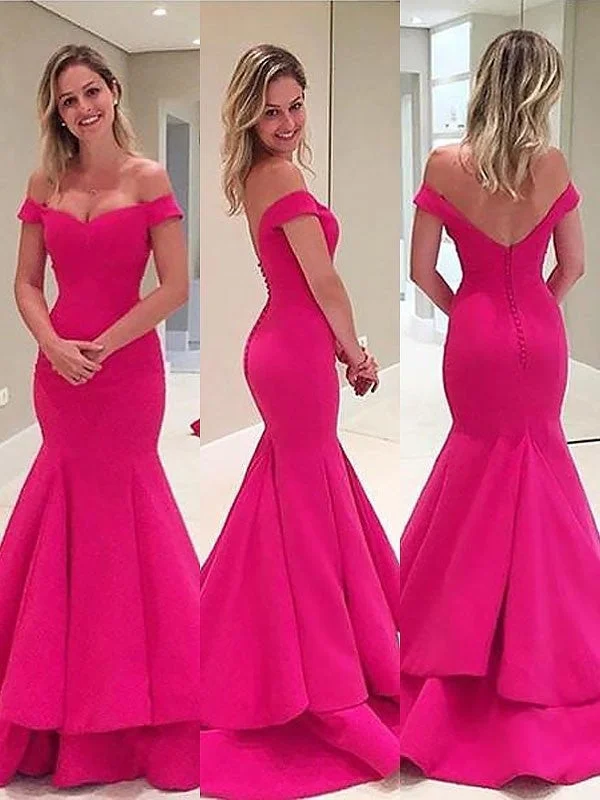 flared evening dress-Trumpet/Mermaid Sleeveless Off-the-Shoulder Satin Layers Sweep/Brush Train Dresses