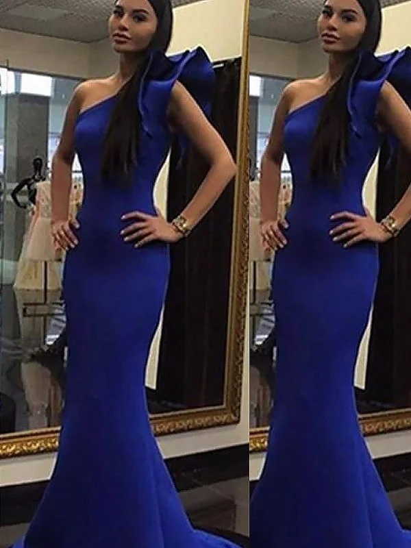 evening dress with crystals-Trumpet/Mermaid Sleeveless One-Shoulder Ruffles Sweep/Brush Train Stretch Crepe Dresses