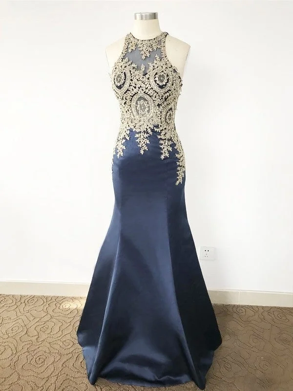 beaded evening dress-Trumpet/Mermaid Sleeveless Scoop Applique Sweep/Brush Train Satin Dresses