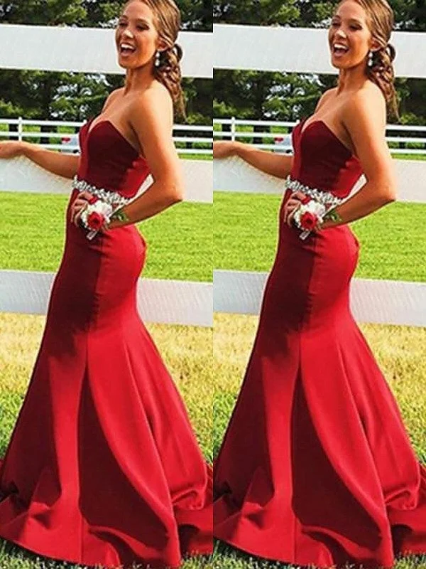 evening dress with belt-Trumpet/Mermaid Sleeveless Sweetheart Satin Beading Sweep/Brush Train Dresses