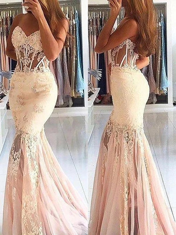 evening dress for prom-Trumpet/Mermaid Sleeveless Sweetheart Tulle Lace Sweep/Brush Train Dresses