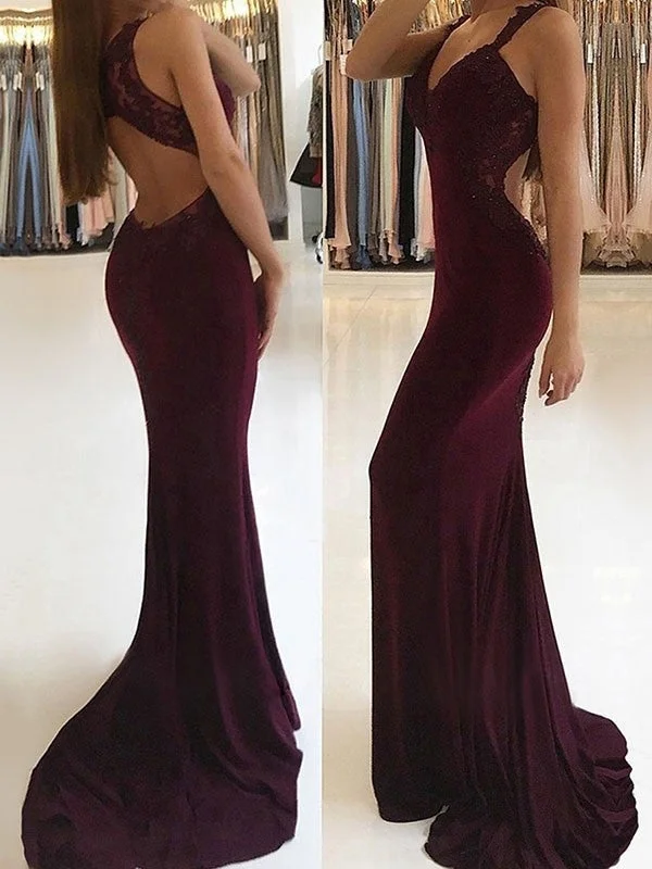 floor-length evening dress-Trumpet/Mermaid Sleeveless V-neck Sweep/Brush Train Applique Stretch Crepe Dresses