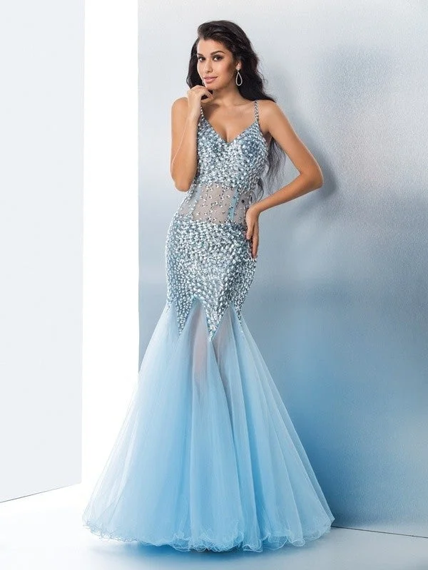 elegant tulle evening dress-Trumpet/Mermaid Spaghetti Straps Sequin Sleeveless Long Tulle Dresses