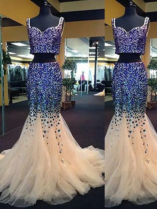 evening dress with illusion back-Trumpet/Mermaid Sweetheart Sleeveless Tulle Beading Sweep/Brush Train Two Piece Dresses