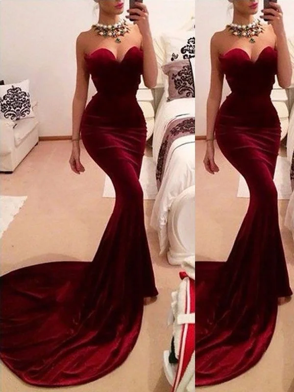 evening dress with illusion neckline-Trumpet/Mermaid Sweetheart Sweep/Brush Train Velvet Sleeveless Ruffles Dresses