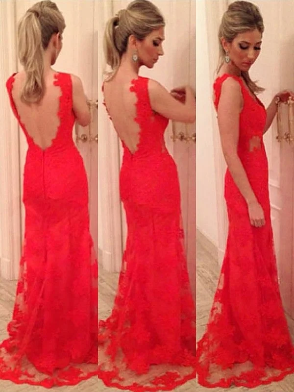 evening dress with sleeves-Trumpet/Mermaid V-neck Applique Sleeveless Lace Backless Floor-length Dress