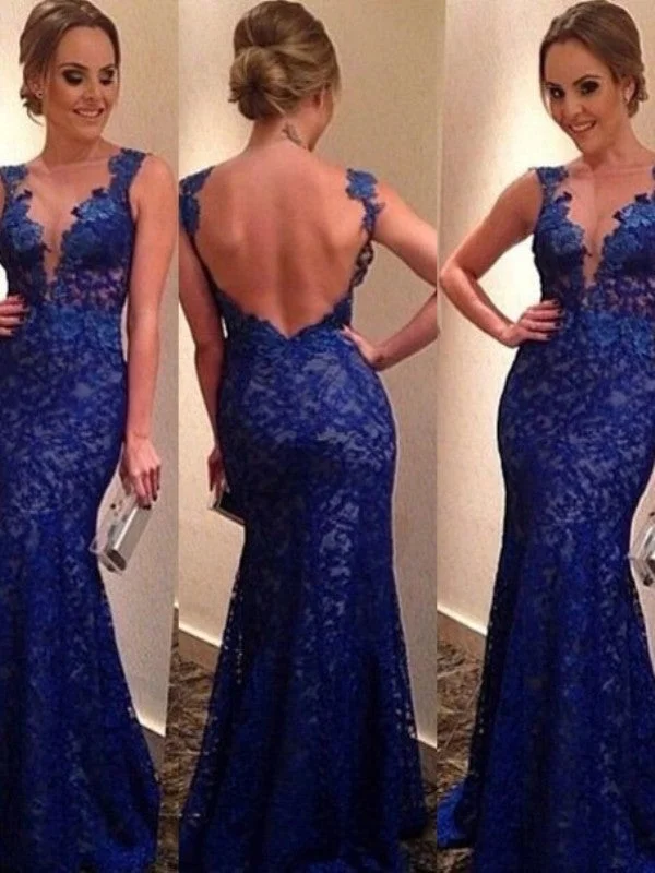 illusion sleeve evening dress-Trumpet/Mermaid V-neck Sleeveless Applique Sweep/Brush Train Lace Dresses