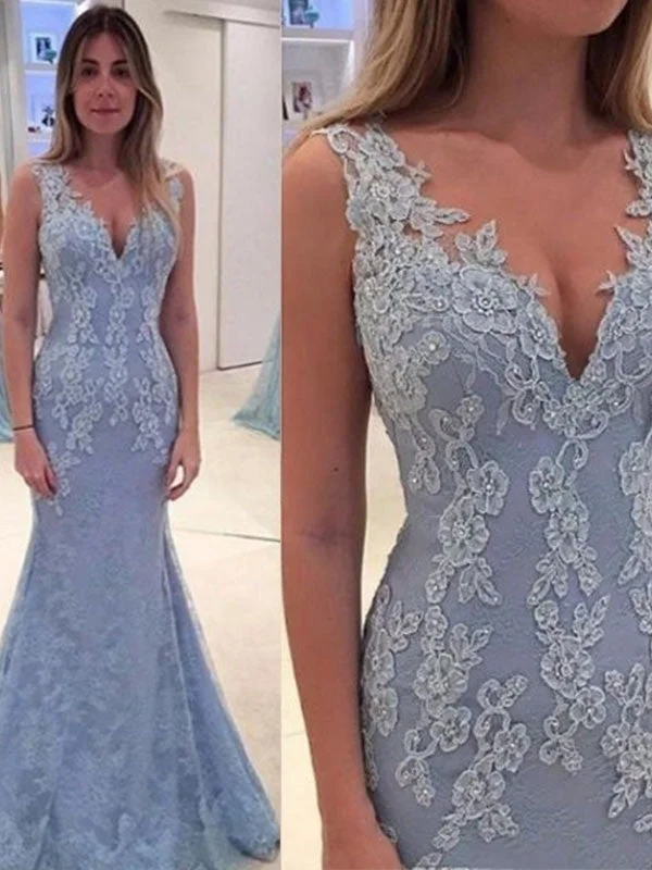 evening dress with train-Trumpet/Mermaid V-neck Sleeveless Applique Sweep/Brush Train Lace Dresses