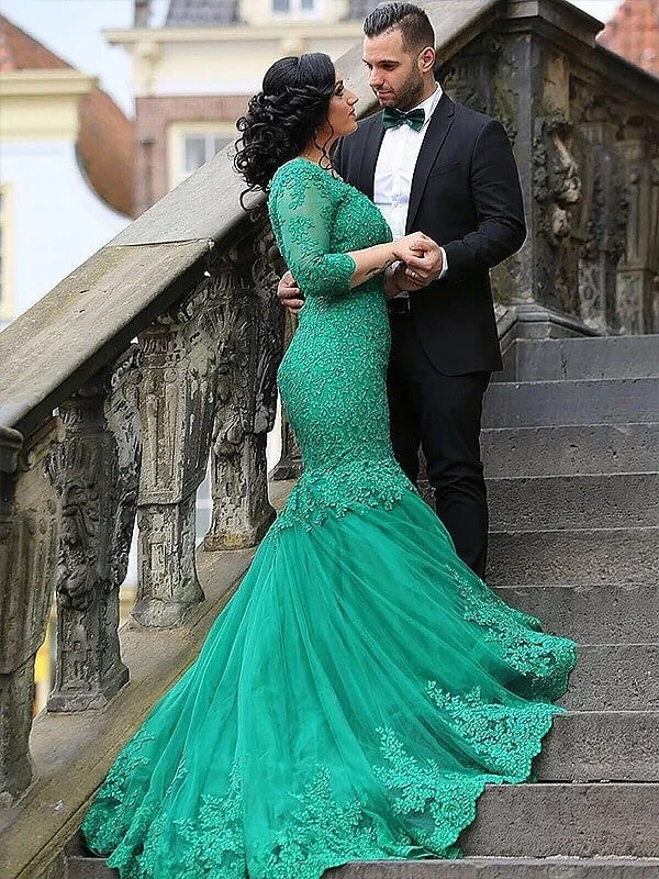 high-low evening dress-Trumpet/Mermaid V-neck Tulle Applique 3/4 Sleeves Sweep/Brush Train Plus Size Dresses