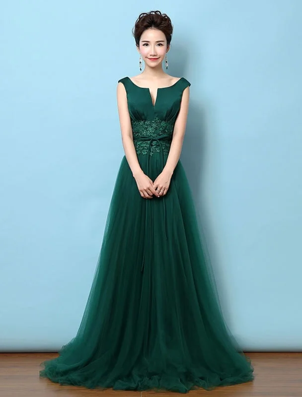 elegant black evening gown-Tulle Evening Dress Backless Mother'S Dress Dark Green Notched Neckline Lace Applique Bow Wedding Guest Dresses With Train Wedding Guest Dress