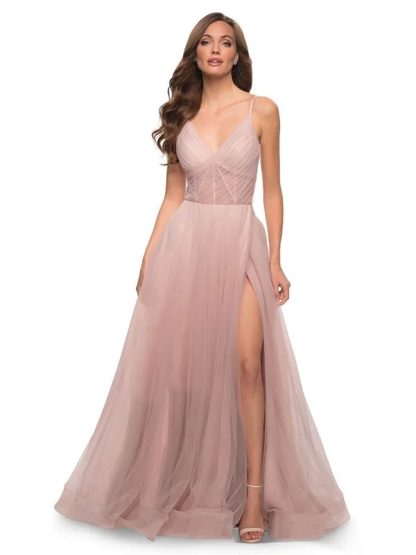 evening dress with bow-Tulle Prom Dress V Neck A-Line Party Dress Tulle Sleeveless Wedding Guest Dresses