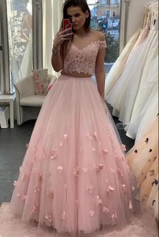 evening dress with belt-Two Piece Floor Length Tulle Prom Lace Long Off the Shoulder Dress with Flower